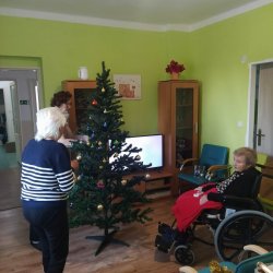 Zdobenie stromčeka v domčeku