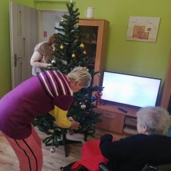 Zdobenie stromčeka v domčeku