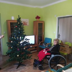 Zdobenie stromčeka v domčeku